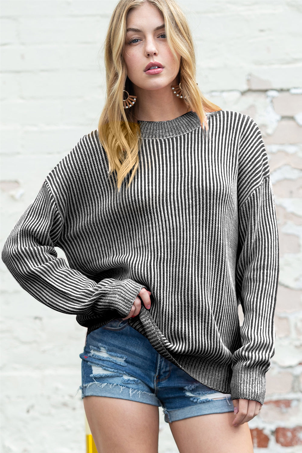 Black Stripe Ribbed Drop Shoulder Sweater