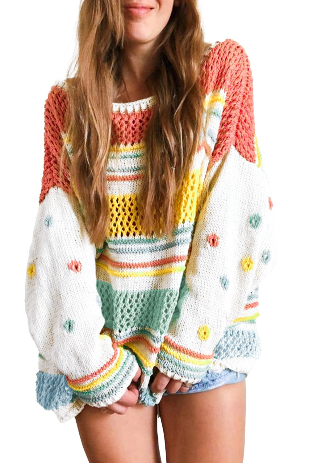 Multicolor Knitted Long Sleeve Pullover Crew Neck Sweater