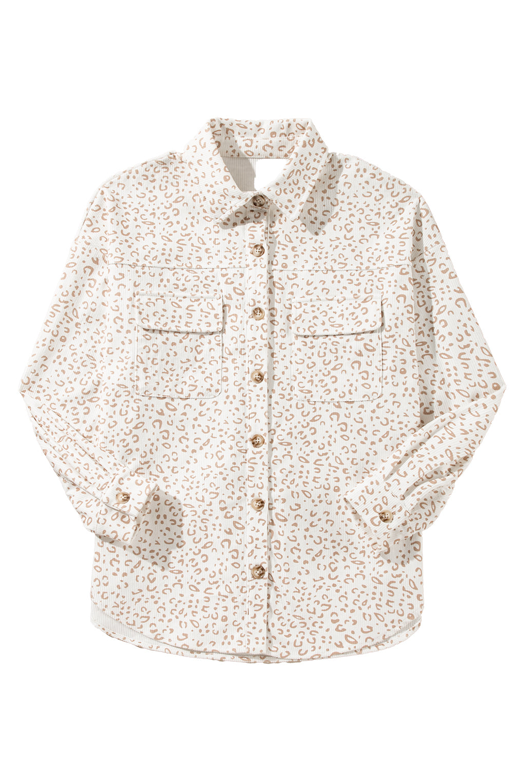 Beige Leopard Print Flap Pockets Buttoned Corduroy Shacket