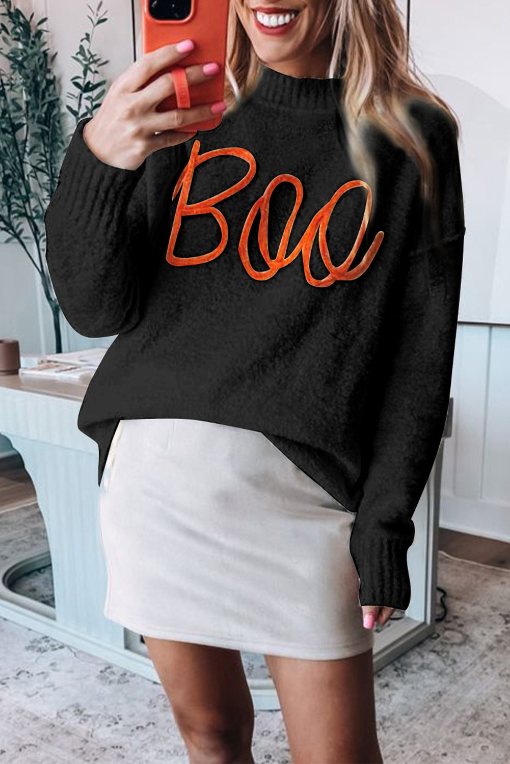 Black Halloween Boo Drop Shoulder Knit Sweater