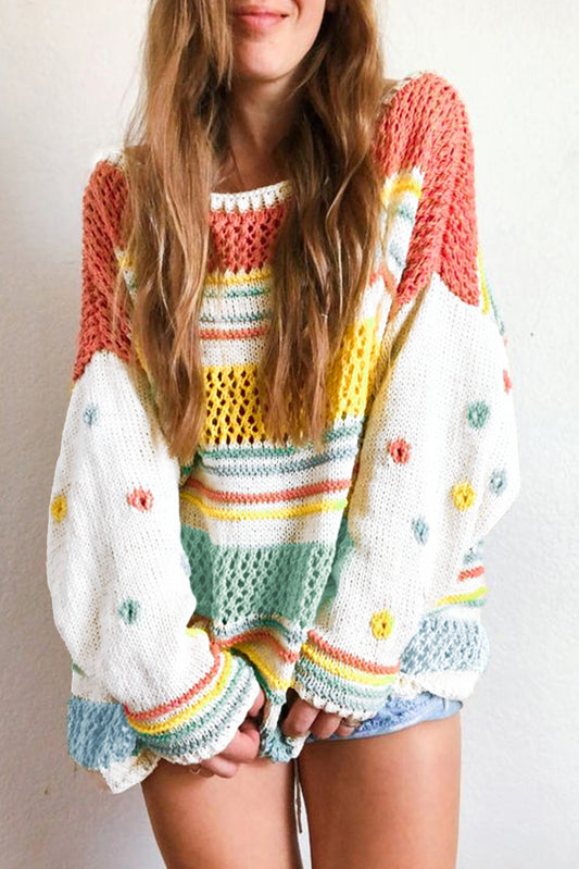 Multicolor Knitted Long Sleeve Pullover Crew Neck Sweater