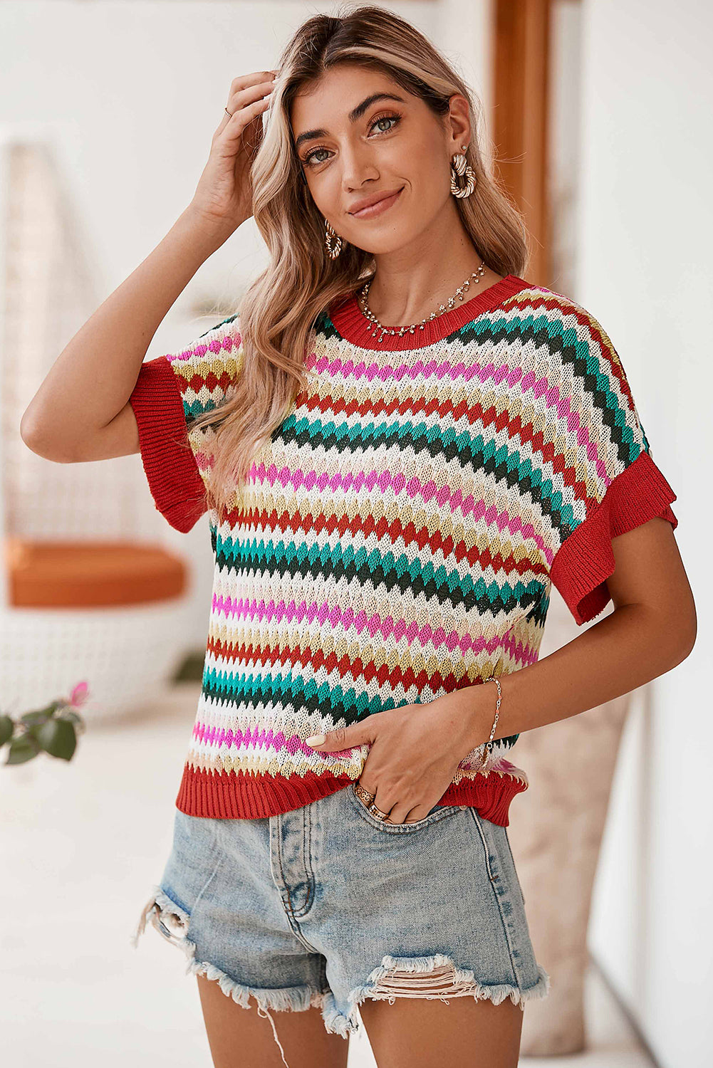 Fiery Red Striped Diamond Print Ruffle Sleeve Knit Top