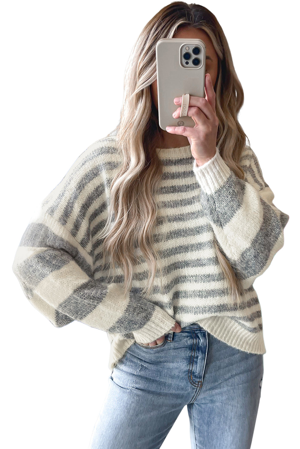 Gray Stripe Drop Shoulder Crew Neck Sweater