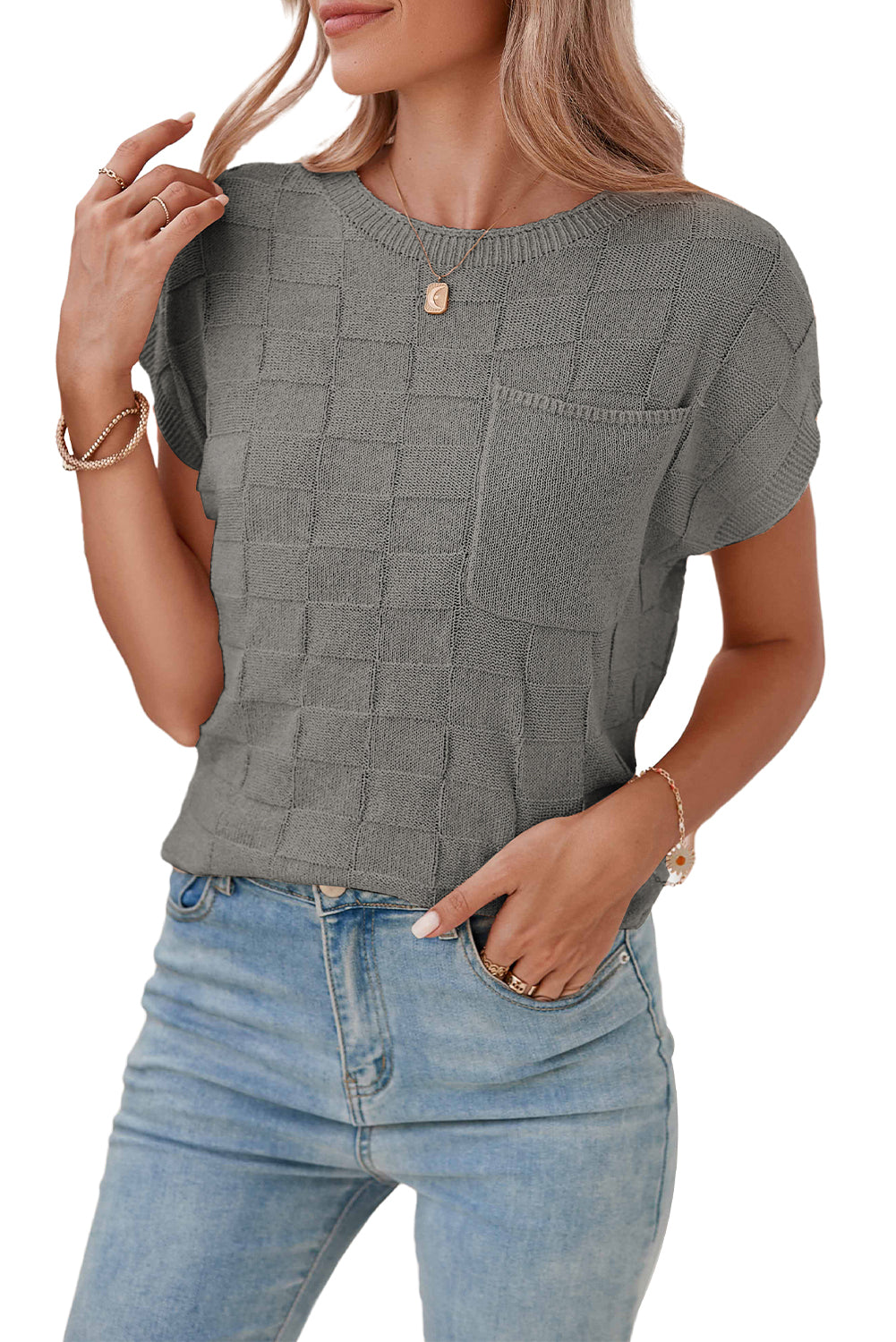 Gray Lattice Textured Knit Chest Pocket Loose Blouse