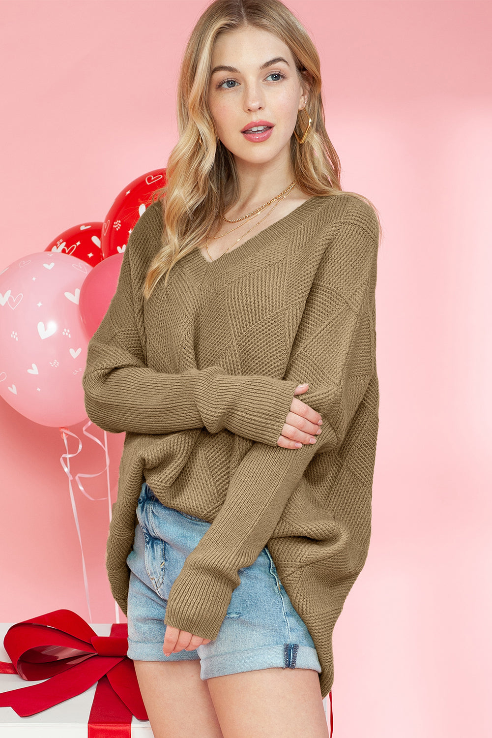 Camel Plain V Neck Batwing Sleeve Oversized Sweater