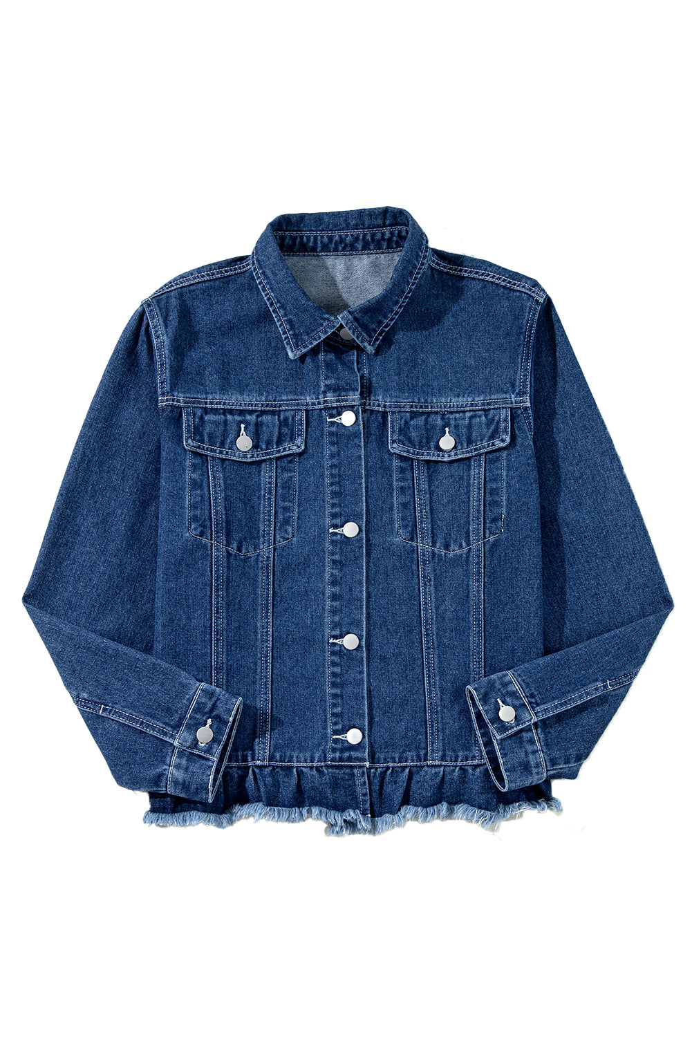 Navy Blue Ruffle Raw Hem Flap Pockets Denim Jacket