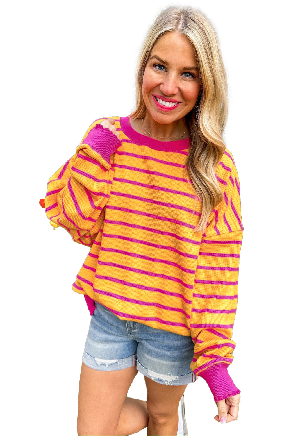 Orange Stripe Round Neck Drop Shoulder Loose Sweater