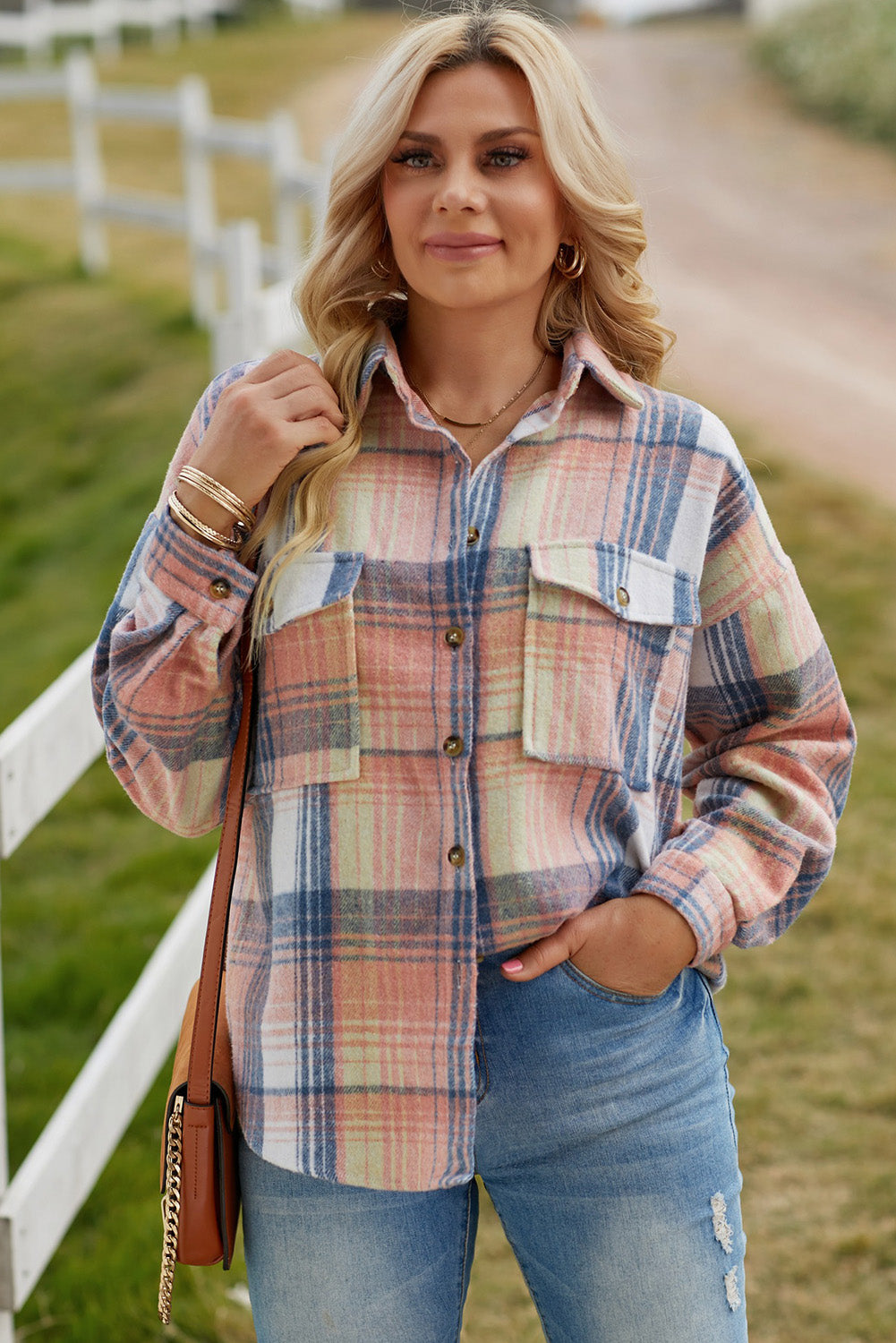 Gold Flame & Grey Plaid Button Up Collared Flannel Shacket