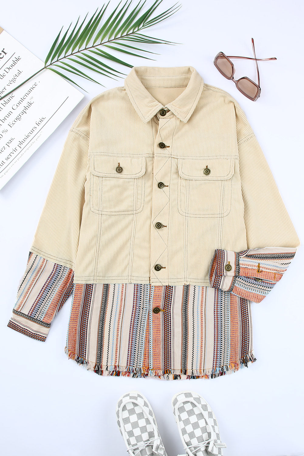 Beige Button Up Pockets Striped Color Block Corduroy Jacket