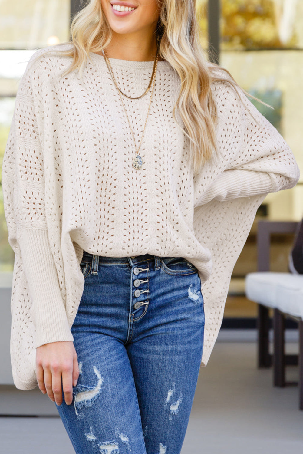 Beige Eyelet Batwing Sleeve Knit Sweater