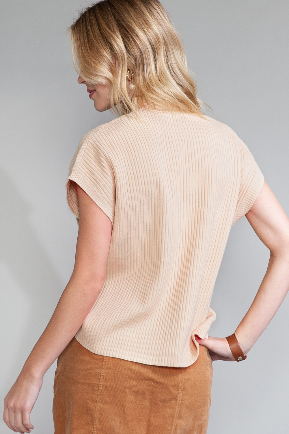 Gold Flame Patch Pocket Ribbed Knit Short Sleeve Sweater