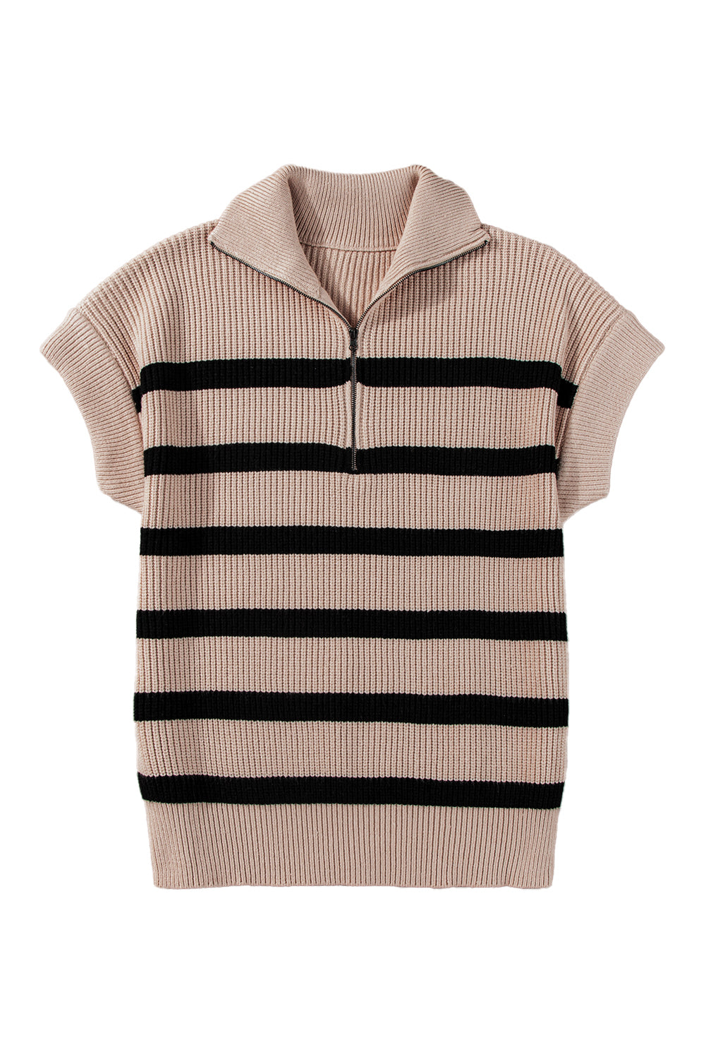 Khaki Stripe Zipped Collar Short Sleeve Knitted Top