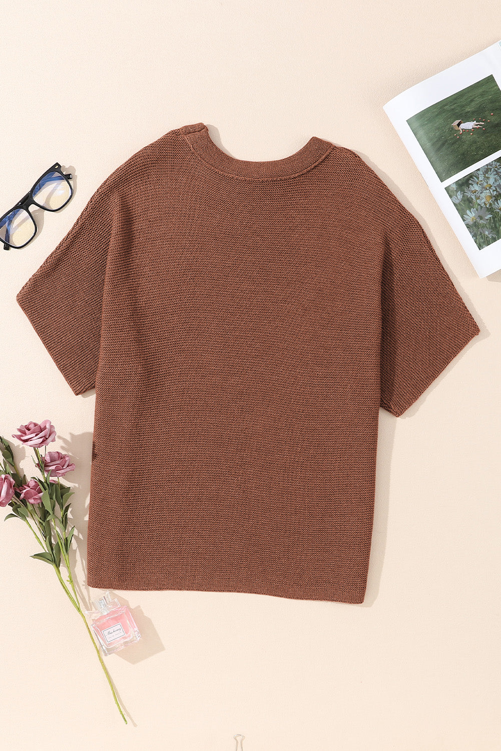 Apricot Mock Neck Short Batwing Sleeve Sweater