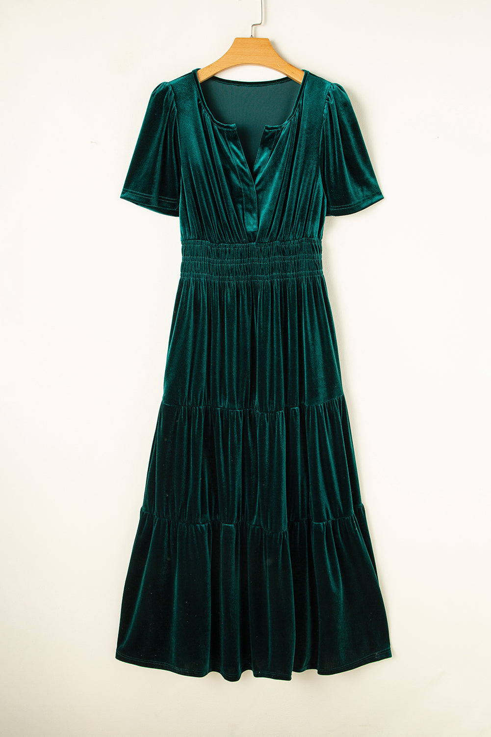 Evergreen Velvet Puff Short Sleeve Smocked Waist Tiered Maxi Dress