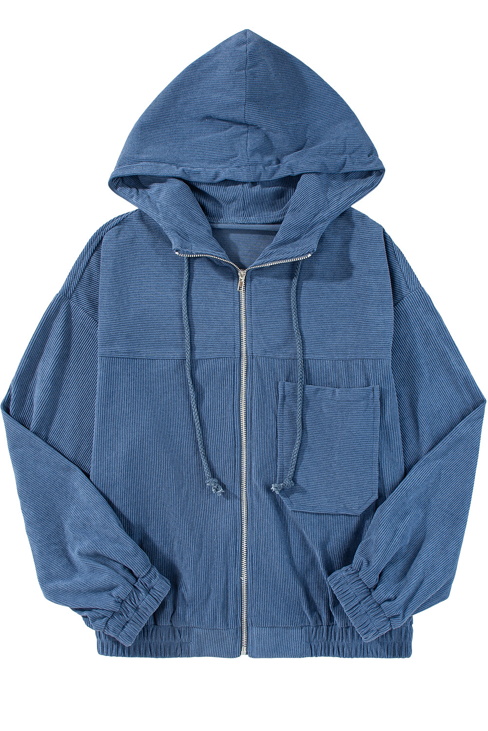 White Corduroy Drawstring Hooded Pocket Zip Up Jacket