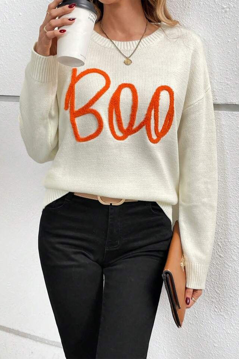 Black Halloween Boo Drop Shoulder Knit Sweater