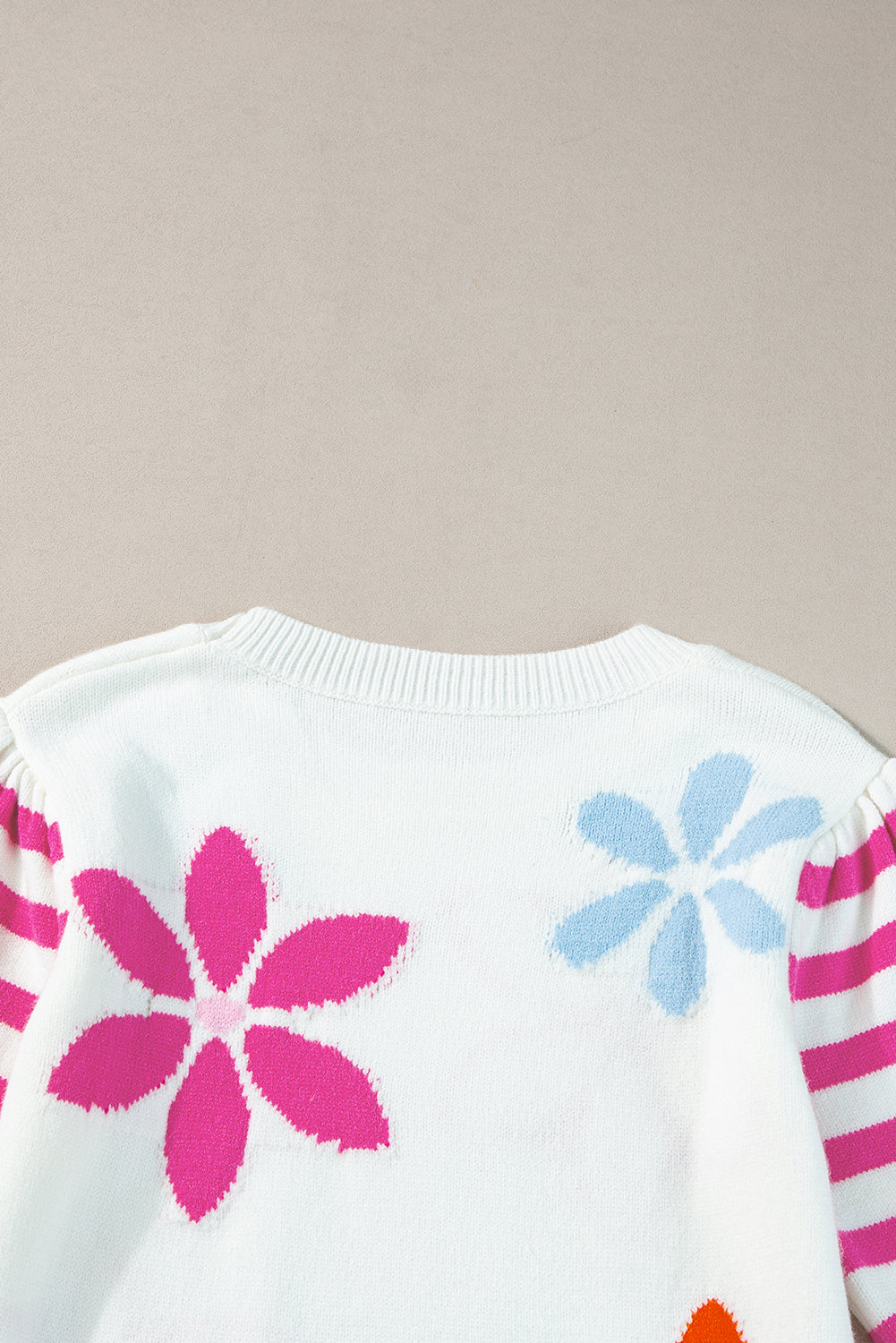 White Colorful Floral Print Striped Sleeve Knitted Tee