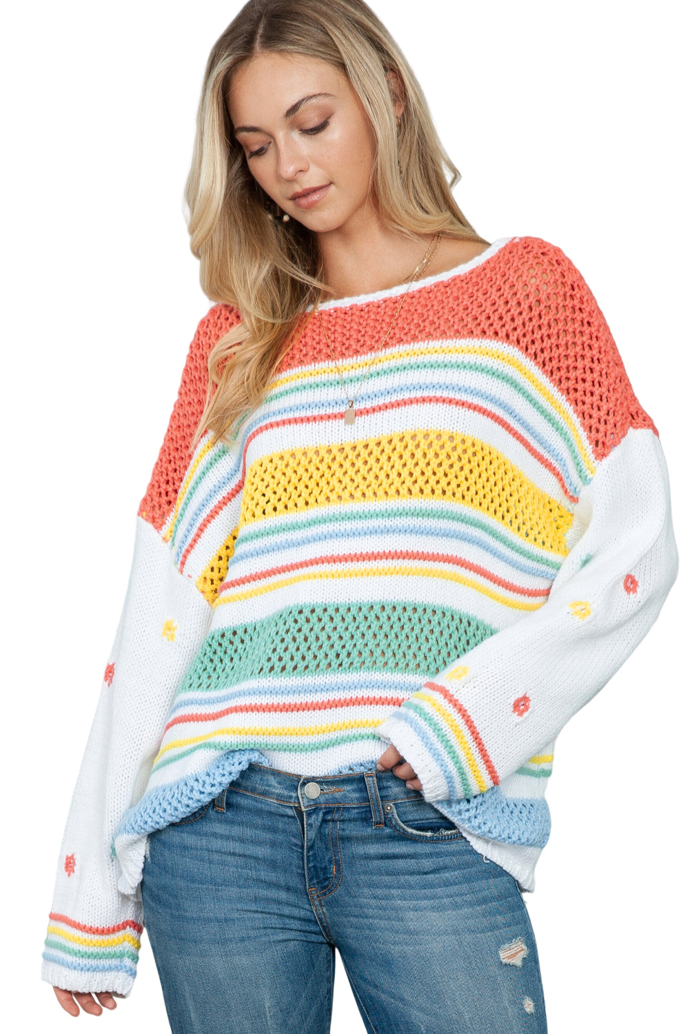 Multicolor Knitted Long Sleeve Pullover Crew Neck Sweater