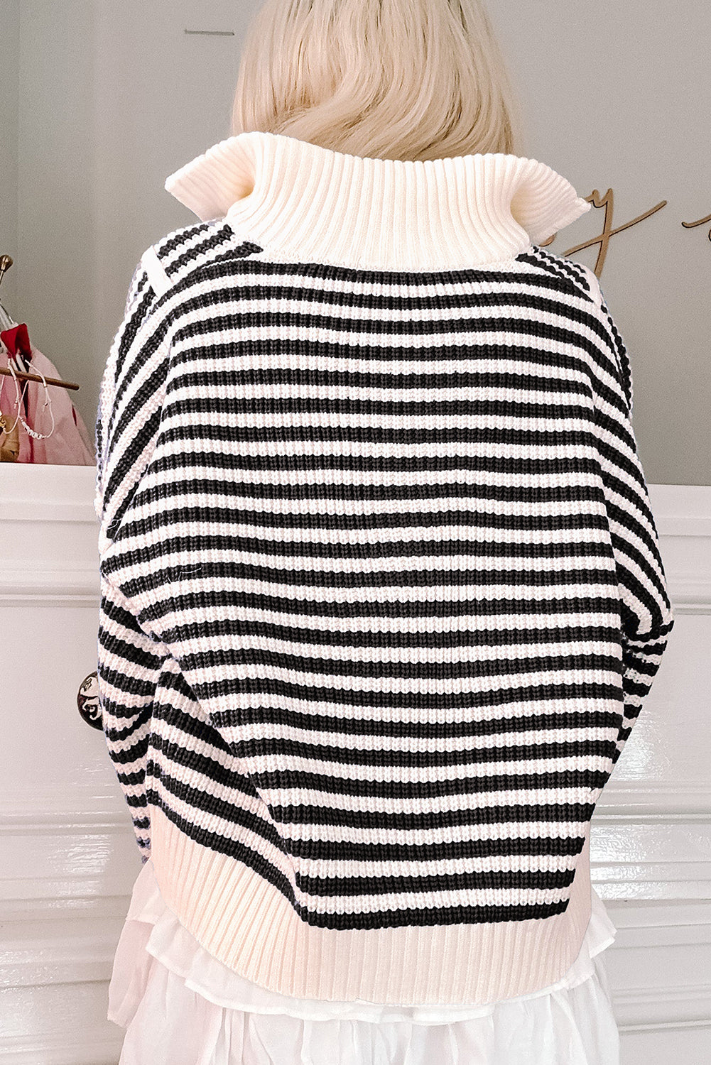 Sky Blue Stripe Zip up Collar Drop Sleeve Sweater