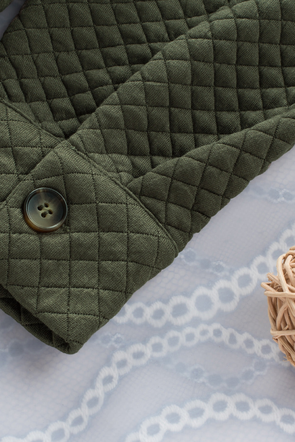 Green Lattice Texture Pockets Button Up Quilted Shacket