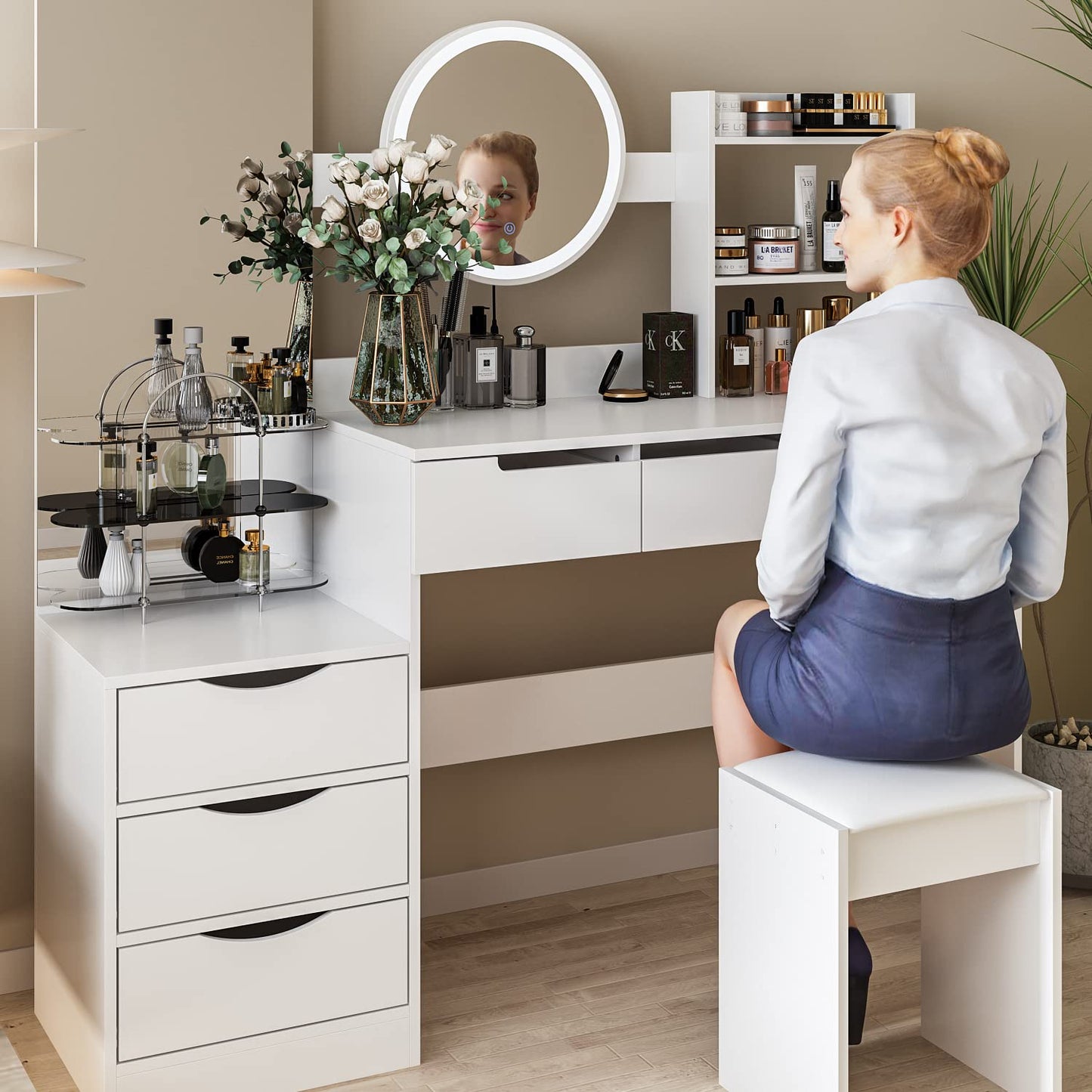 AGOTENI Large Vanity Table Set Makeup Vanity Dressing Table with Mirror, 5 Drawers & Shelves, Dresser Desk and Cushioned Stool Set (White Lighted Mirror)