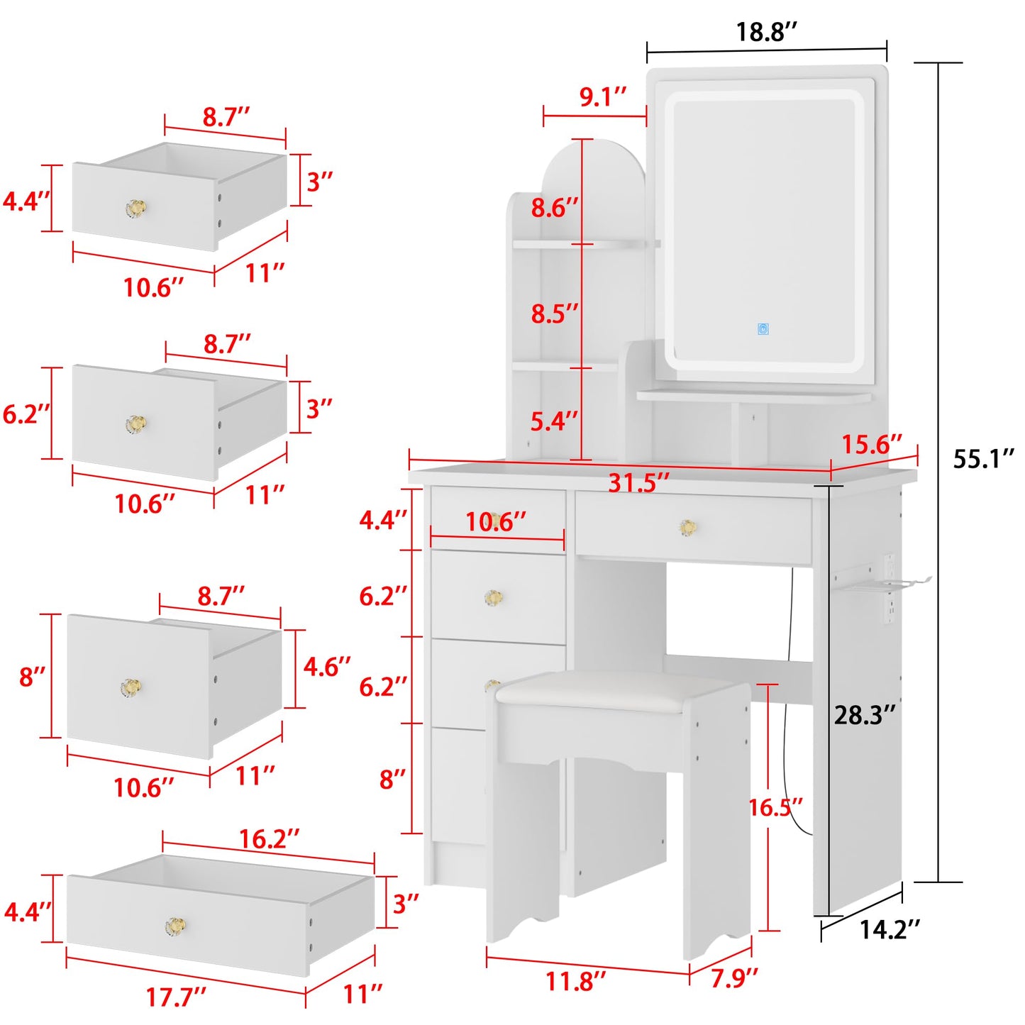 AGOTENI Large Vanity Table Set Makeup Vanity Dressing Table with Mirror, 5 Drawers & Shelves, Dresser Desk and Cushioned Stool Set (White Lighted Mirror)