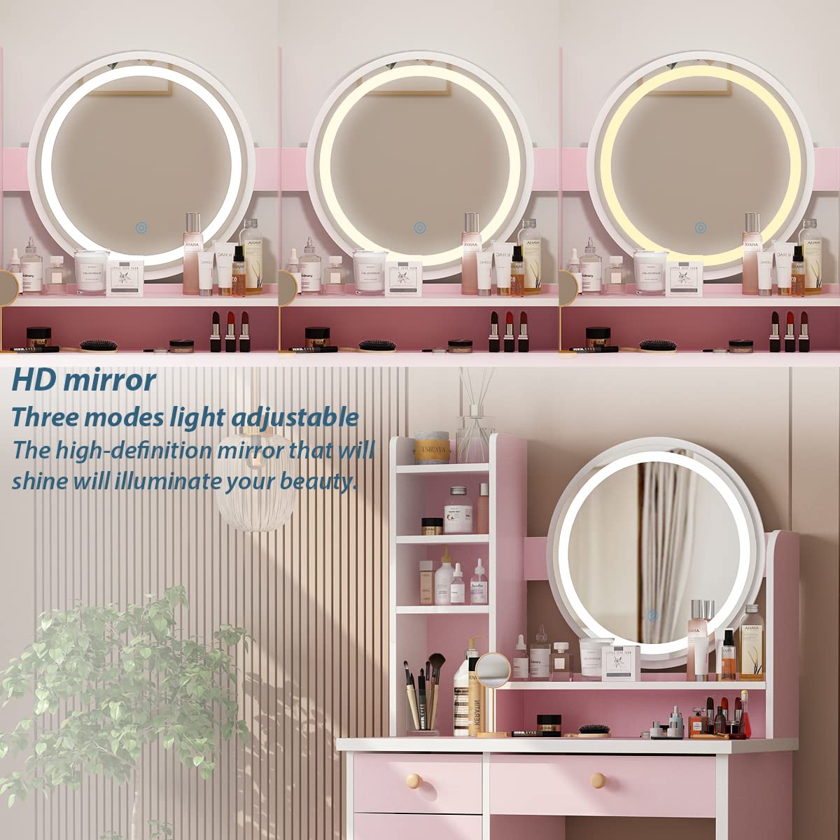 AGOTENI Large Vanity Table Set Makeup Vanity Dressing Table with Mirror, 5 Drawers & Shelves, Dresser Desk and Cushioned Stool Set (White Lighted Mirror)