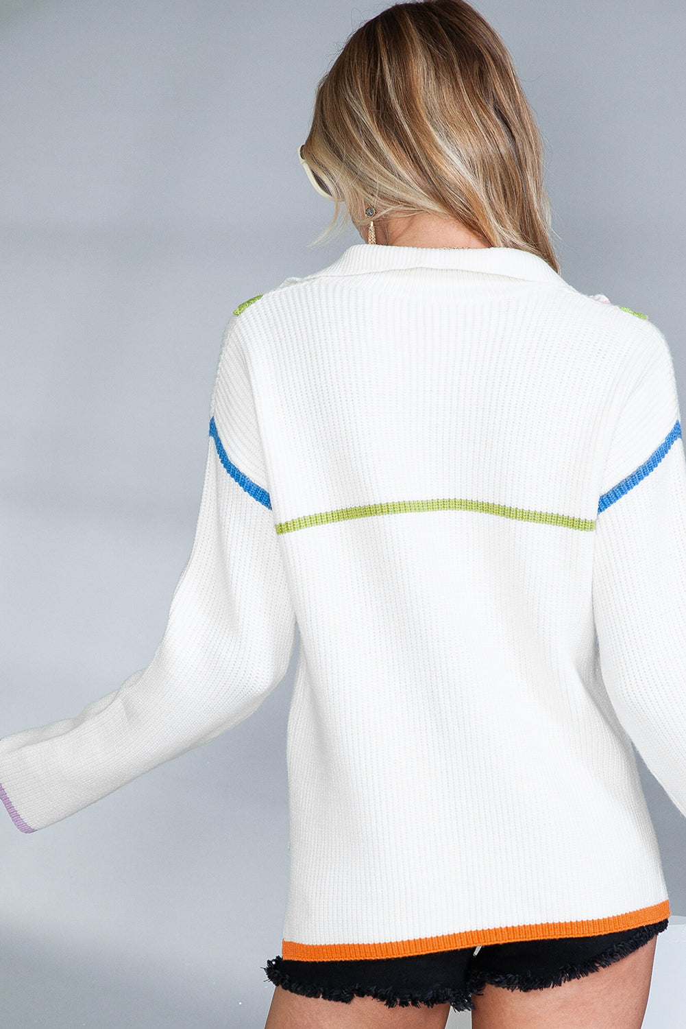 White Contrast Trim Half Zip Pullover Sweater