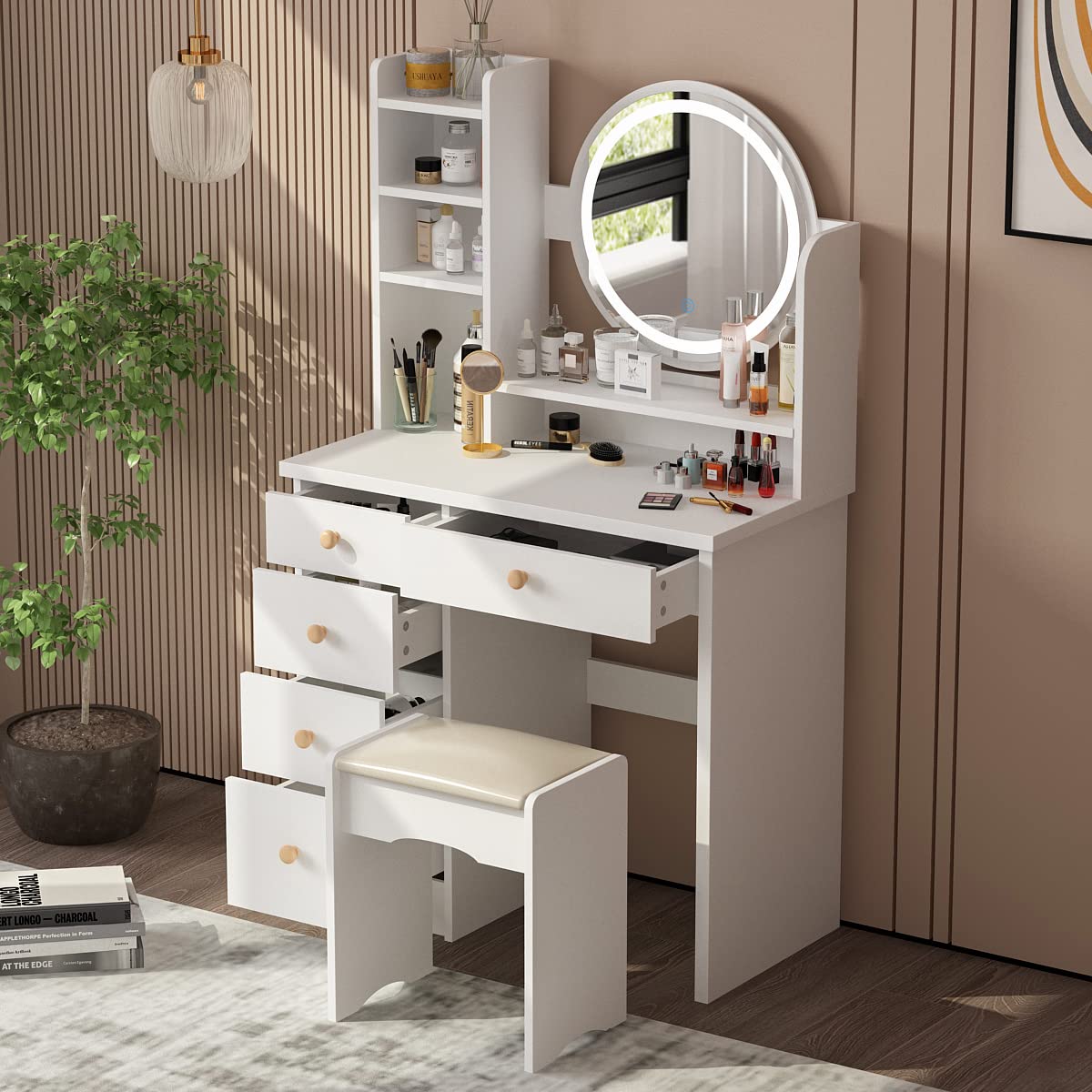 AGOTENI Large Vanity Table Set Makeup Vanity Dressing Table with Mirror, 5 Drawers & Shelves, Dresser Desk and Cushioned Stool Set (White Lighted Mirror)