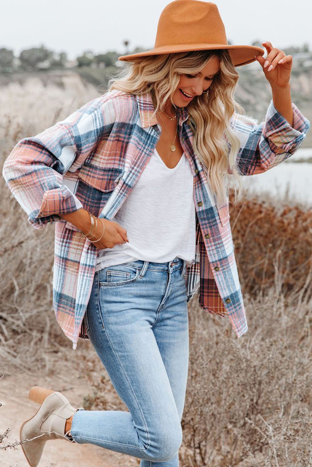 Gold Flame & Grey Plaid Button Up Collared Flannel Shacket