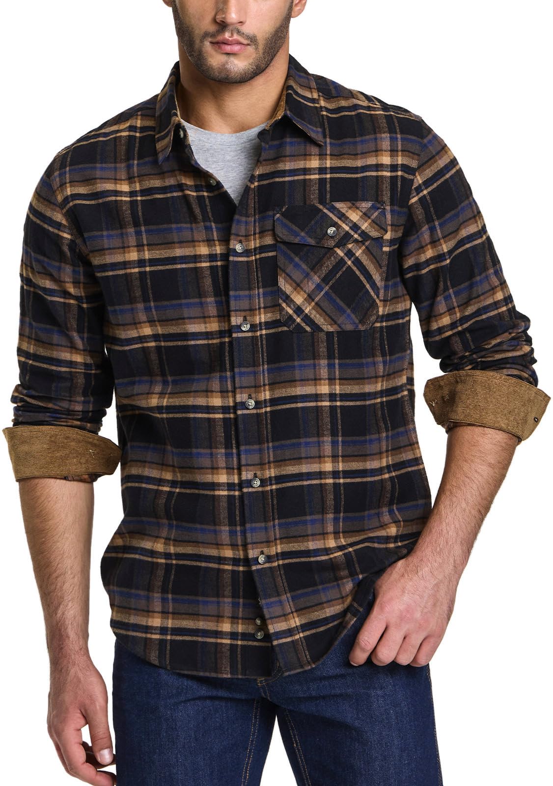 CQR Men's All Cotton Flannel Shirt, Long Sleeve Casual Button Up Plaid Shirt, Brushed Soft Outdoor Shirts, Solid Hunter Green, Large