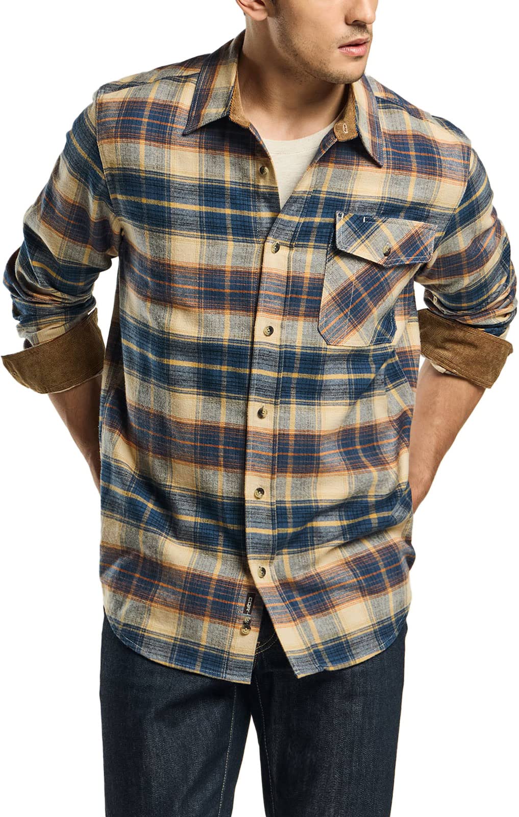 CQR Men's All Cotton Flannel Shirt, Long Sleeve Casual Button Up Plaid Shirt, Brushed Soft Outdoor Shirts, Solid Hunter Green, Large