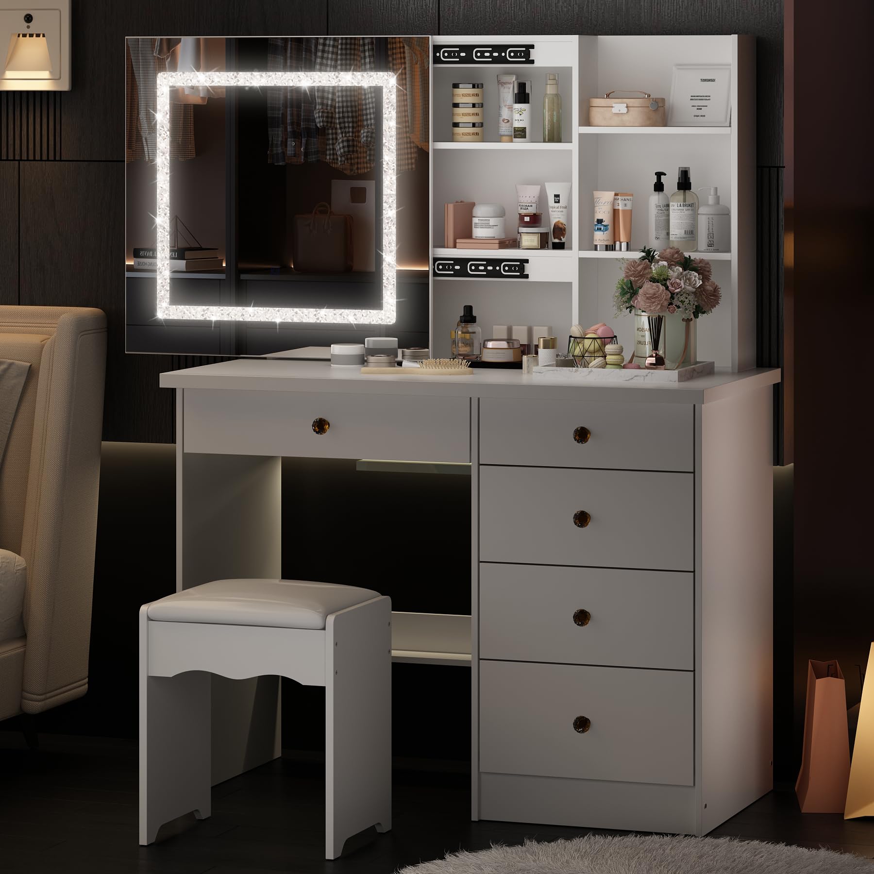 Homsee Vanity Desk Set Makeup Table with Shiny Rhinestone Crushed Diamond LED Light & Sliding Mirror, Dressing Table with 5 Drawers, Storage Shelves & Cushioned Stool for Bedroom, White