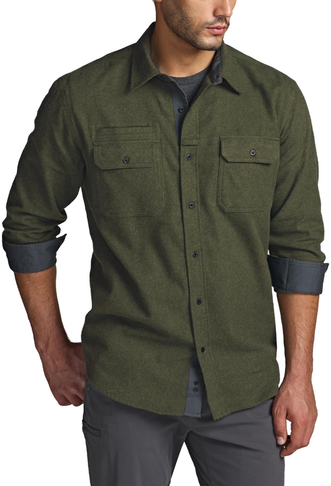 CQR Men's All Cotton Flannel Shirt, Long Sleeve Casual Button Up Plaid Shirt, Brushed Soft Outdoor Shirts, Solid Hunter Green, Large