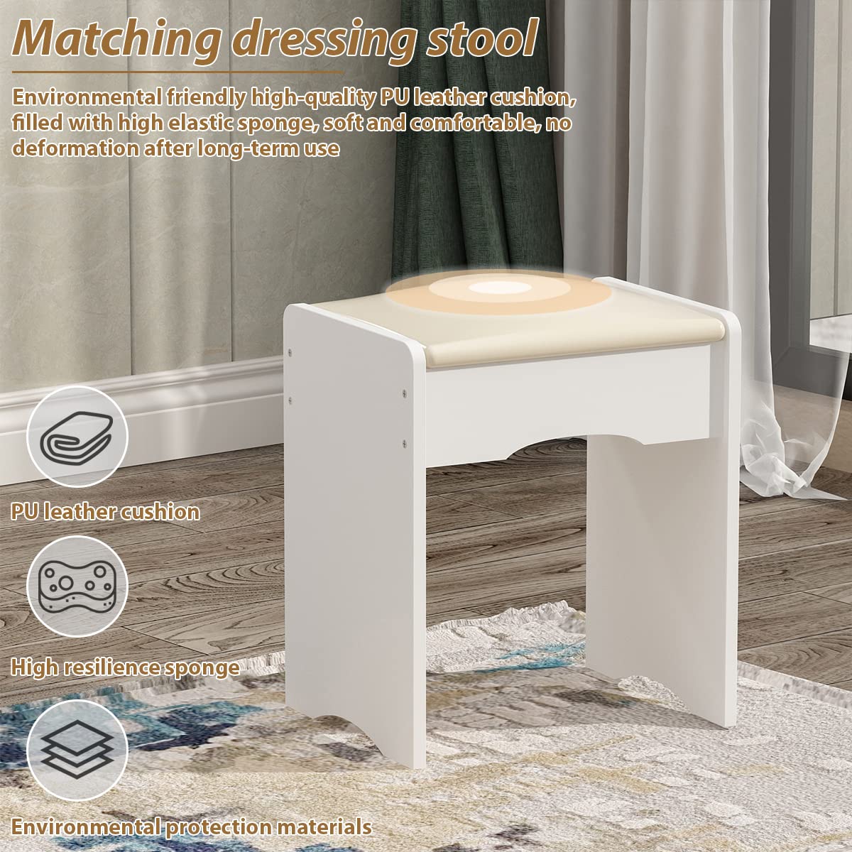 AGOTENI Large Vanity Table Set Makeup Vanity Dressing Table with Mirror, 5 Drawers & Shelves, Dresser Desk and Cushioned Stool Set (White Lighted Mirror)