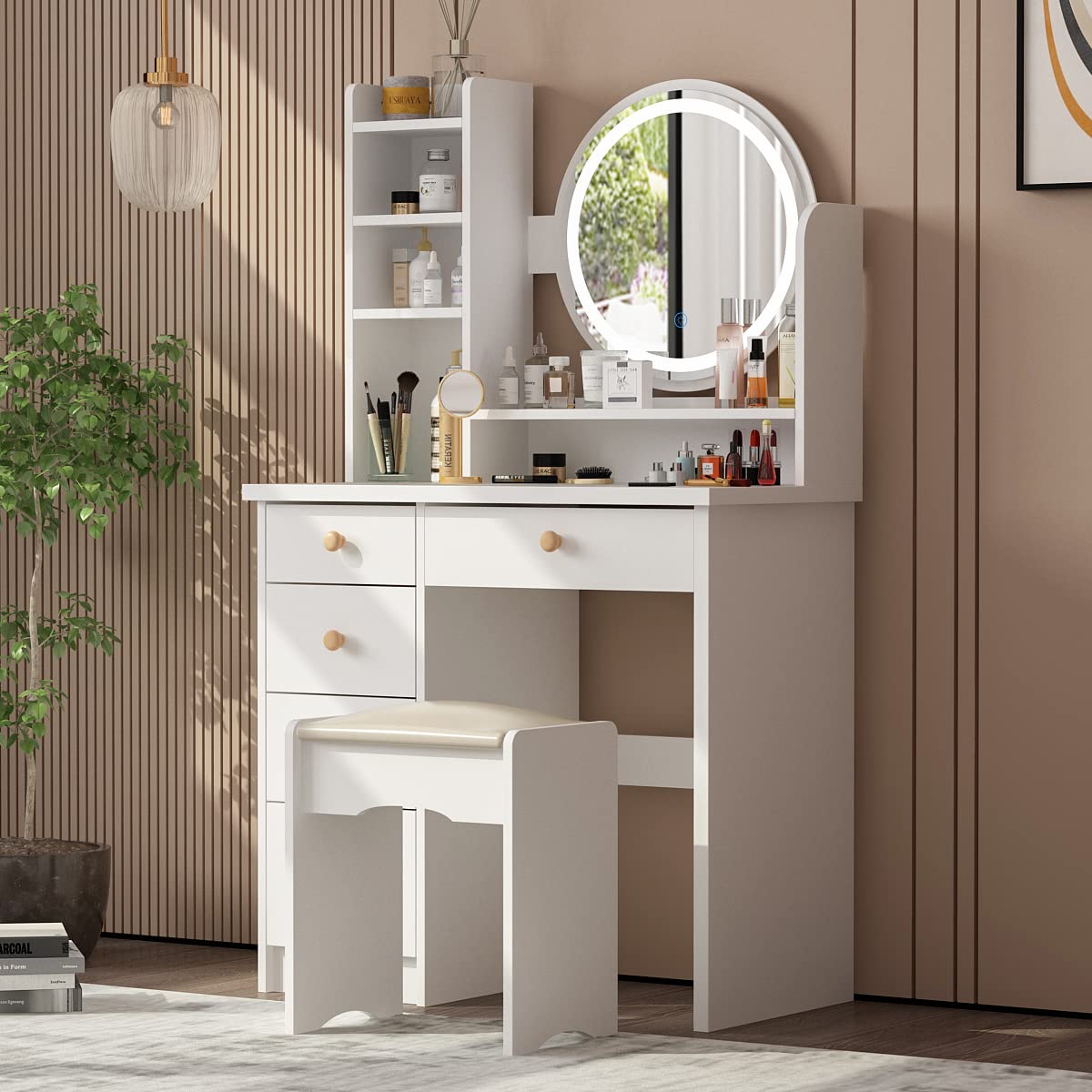 AGOTENI Large Vanity Table Set Makeup Vanity Dressing Table with Mirror, 5 Drawers & Shelves, Dresser Desk and Cushioned Stool Set (White Lighted Mirror)