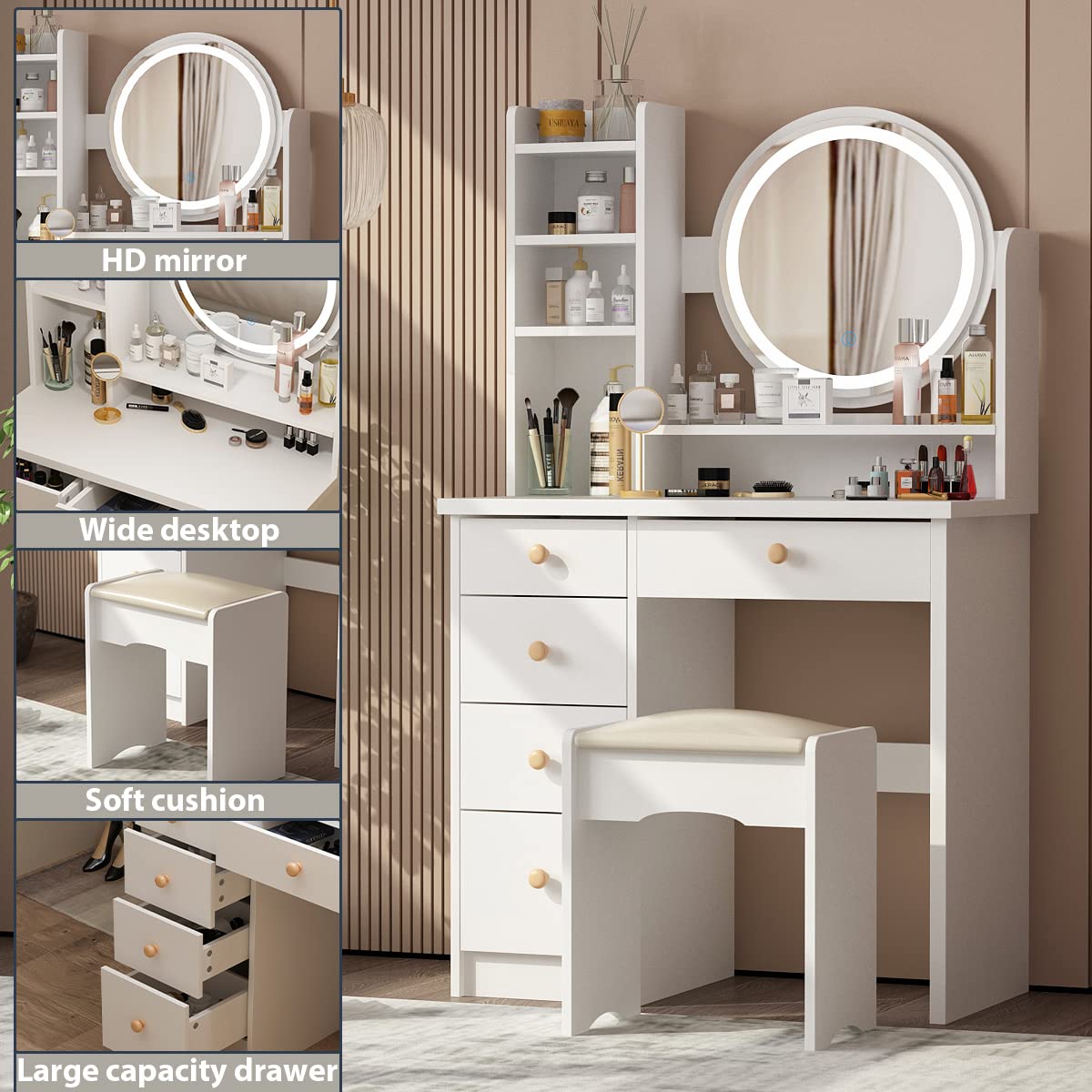 AGOTENI Large Vanity Table Set Makeup Vanity Dressing Table with Mirror, 5 Drawers & Shelves, Dresser Desk and Cushioned Stool Set (White Lighted Mirror)