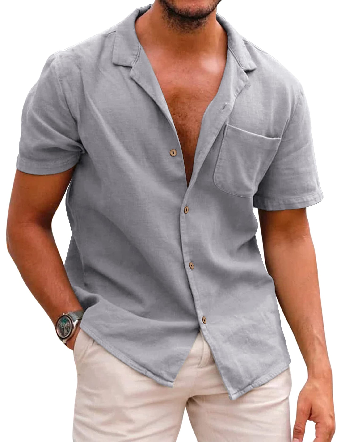 COOFANDY Men's Linen Short Sleeve Shirts Button Down Casual Summer Shirts Front Pocket