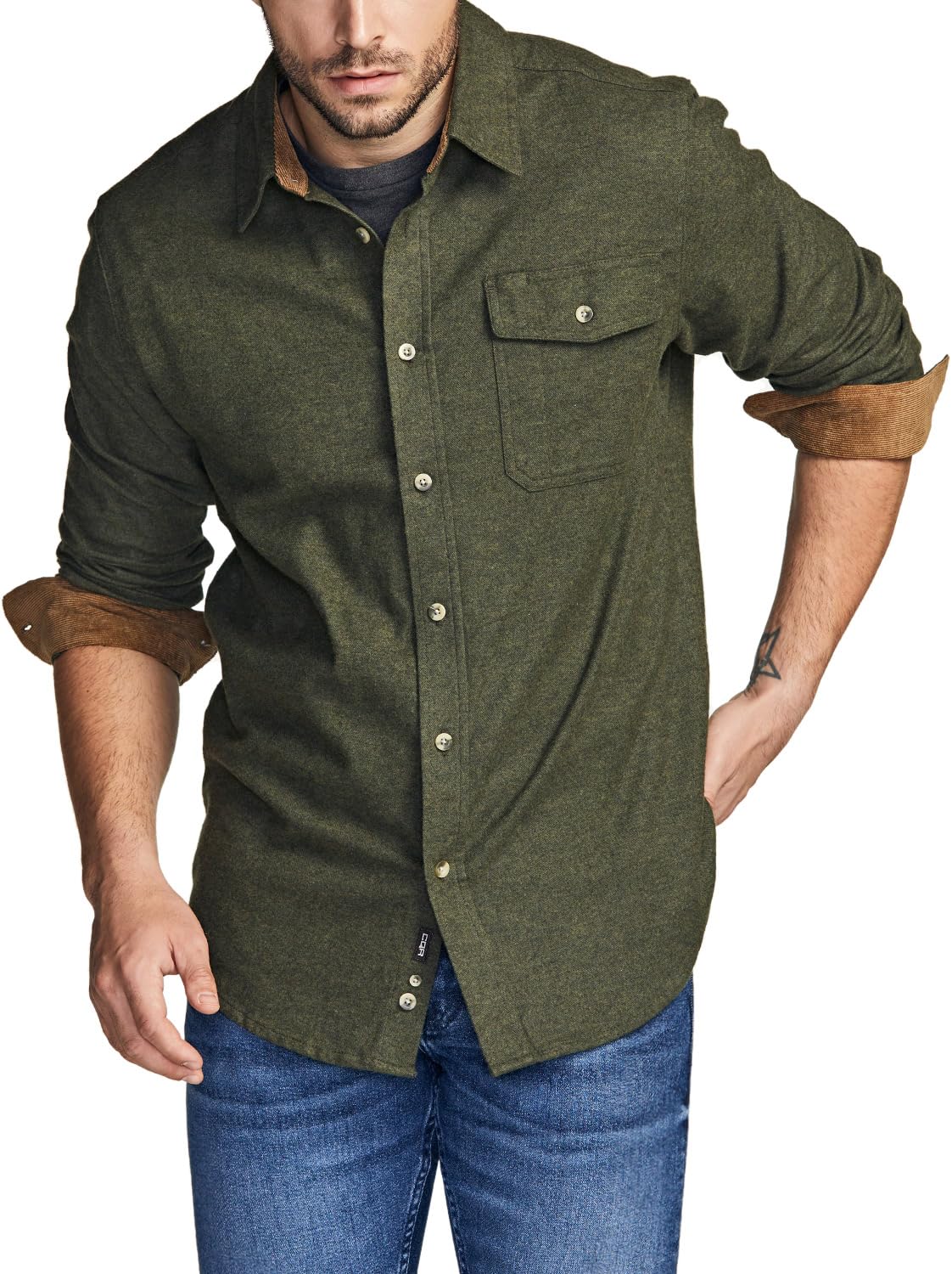 CQR Men's All Cotton Flannel Shirt, Long Sleeve Casual Button Up Plaid Shirt, Brushed Soft Outdoor Shirts, Solid Hunter Green, Large