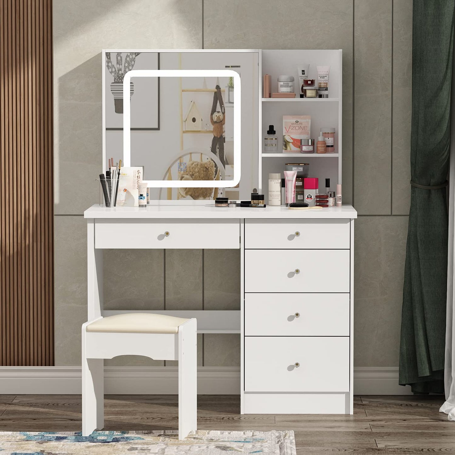 AGOTENI Large Vanity Table Set Makeup Vanity Dressing Table with Mirror, 5 Drawers & Shelves, Dresser Desk and Cushioned Stool Set (White Lighted Mirror)