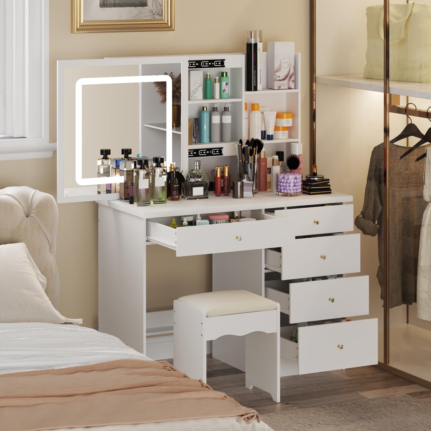 Homsee Vanity Desk Set Makeup Table with Shiny Rhinestone Crushed Diamond LED Light & Sliding Mirror, Dressing Table with 5 Drawers, Storage Shelves & Cushioned Stool for Bedroom, White