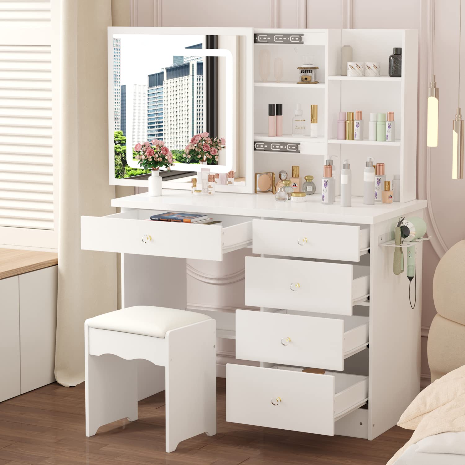 Homsee Vanity Desk Set Makeup Table with Shiny Rhinestone Crushed Diamond LED Light & Sliding Mirror, Dressing Table with 5 Drawers, Storage Shelves & Cushioned Stool for Bedroom, White