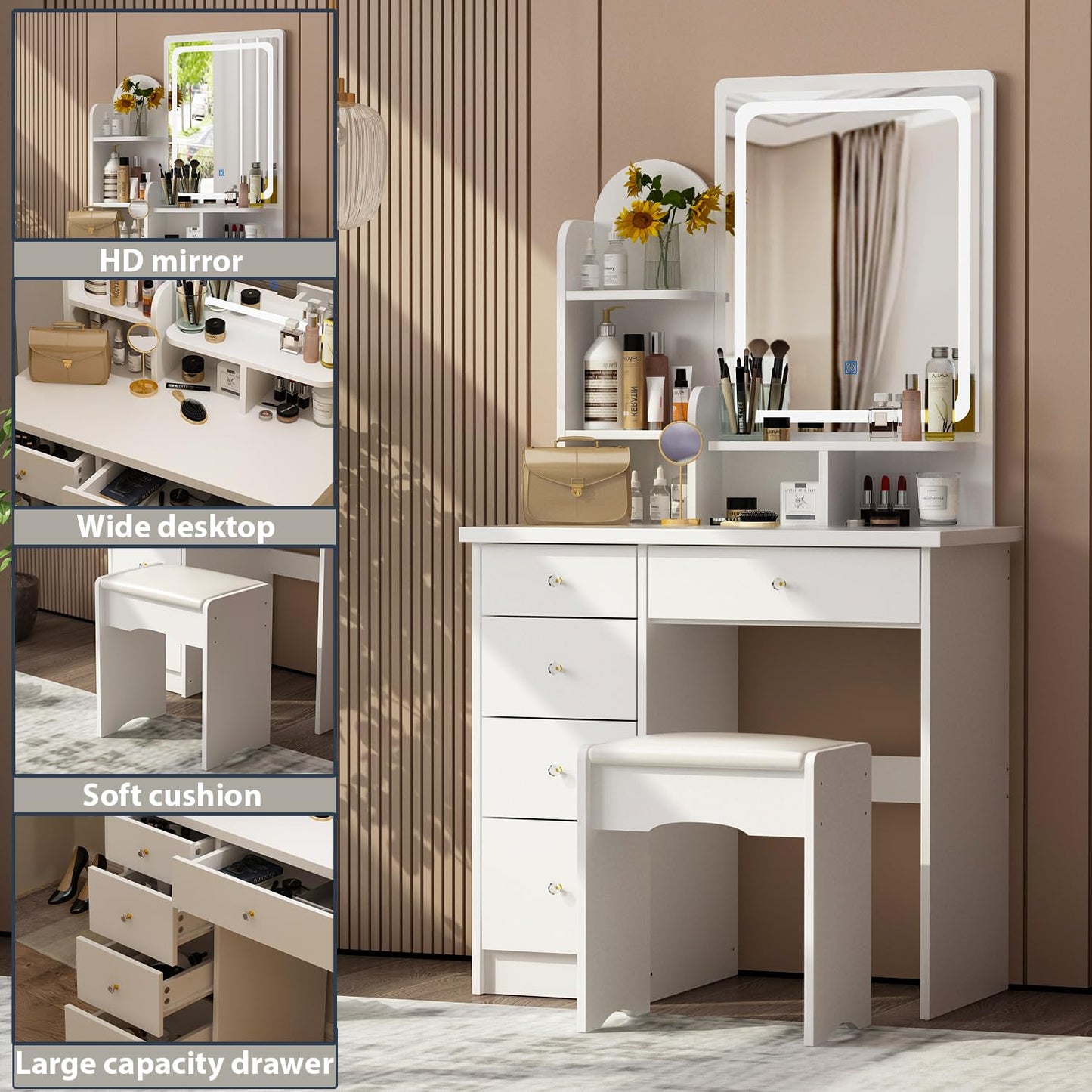 AGOTENI Large Vanity Table Set Makeup Vanity Dressing Table with Mirror, 5 Drawers & Shelves, Dresser Desk and Cushioned Stool Set (White Lighted Mirror)