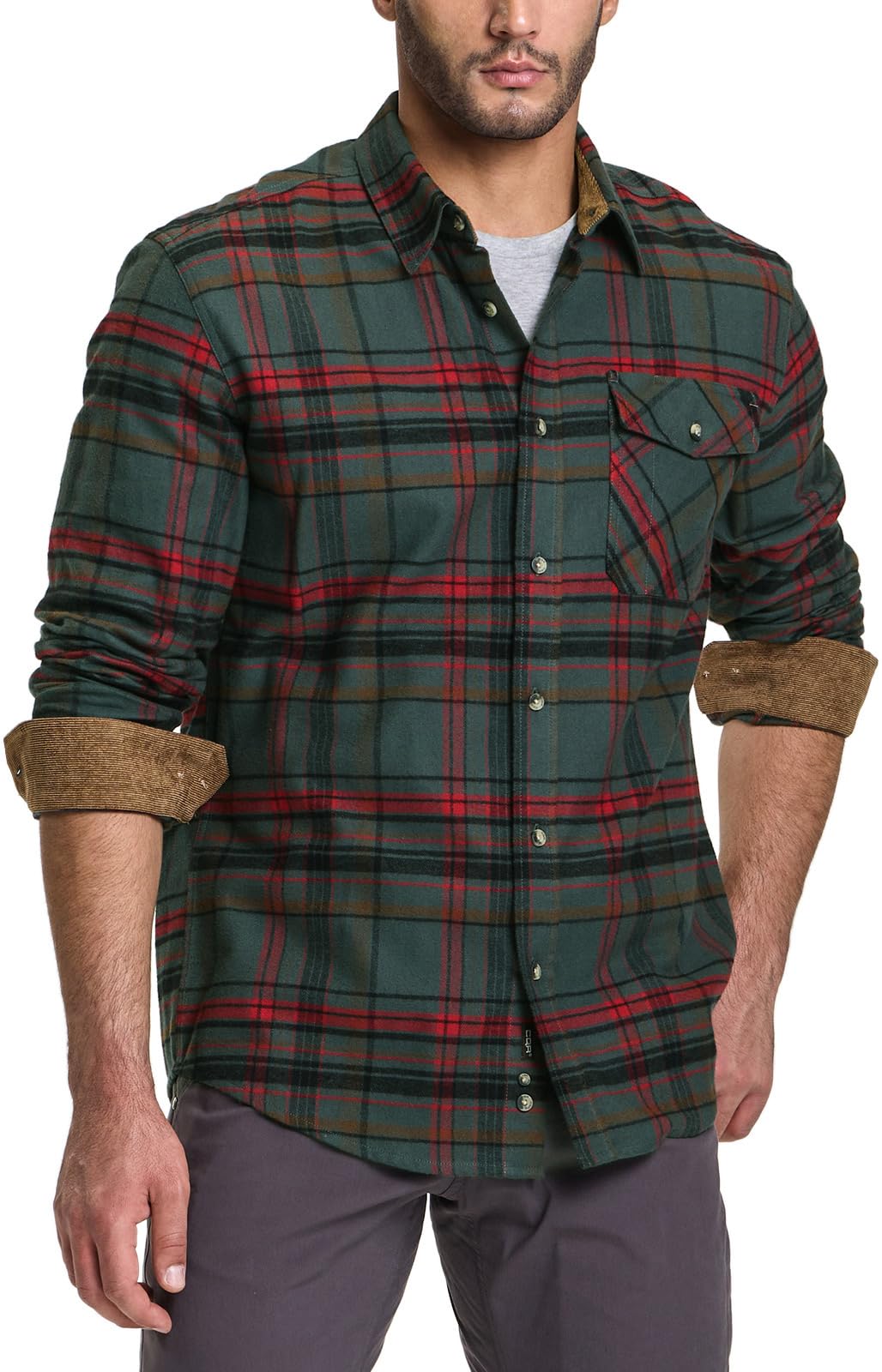 CQR Men's All Cotton Flannel Shirt, Long Sleeve Casual Button Up Plaid Shirt, Brushed Soft Outdoor Shirts, Solid Hunter Green, Large