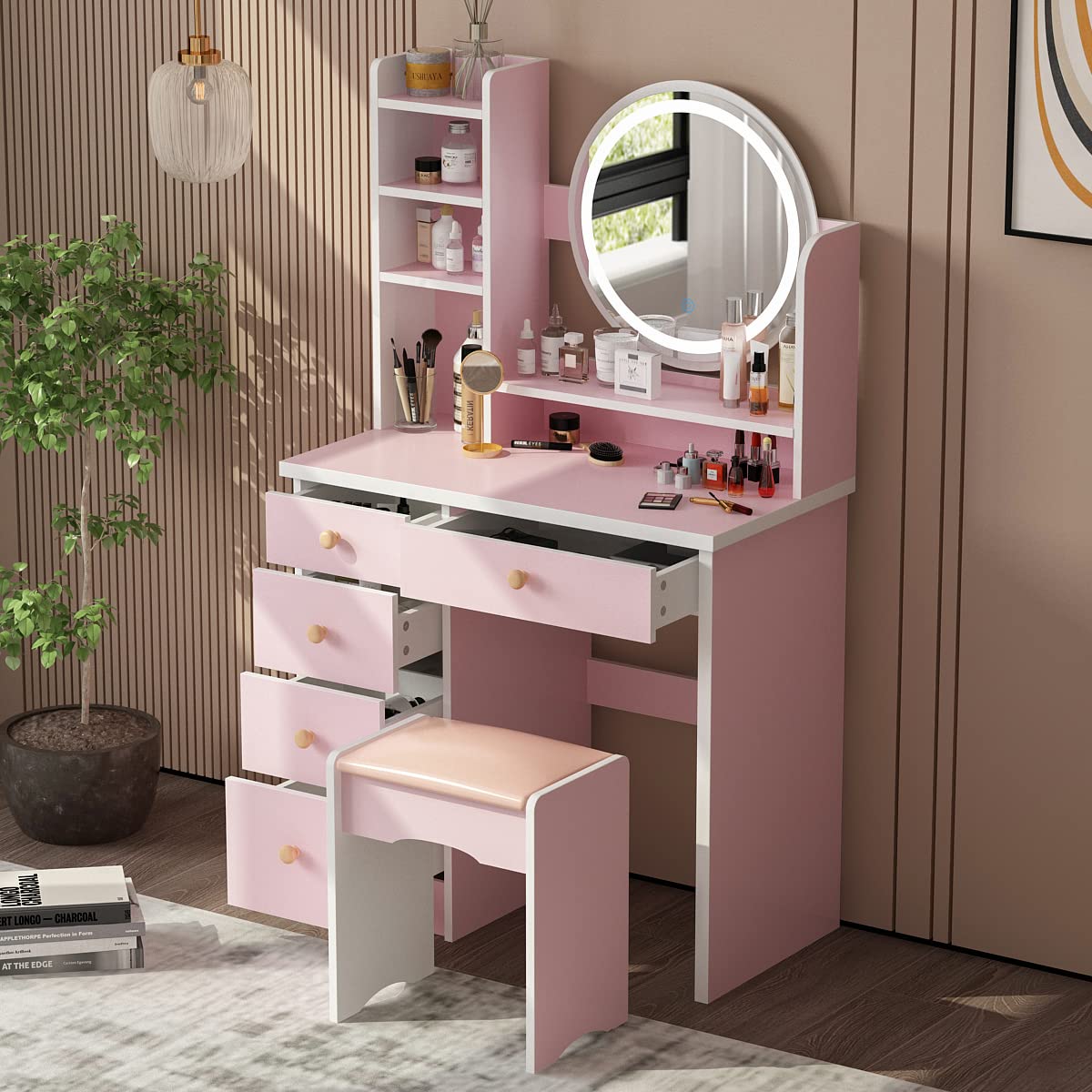 AGOTENI Large Vanity Table Set Makeup Vanity Dressing Table with Mirror, 5 Drawers & Shelves, Dresser Desk and Cushioned Stool Set (White Lighted Mirror)