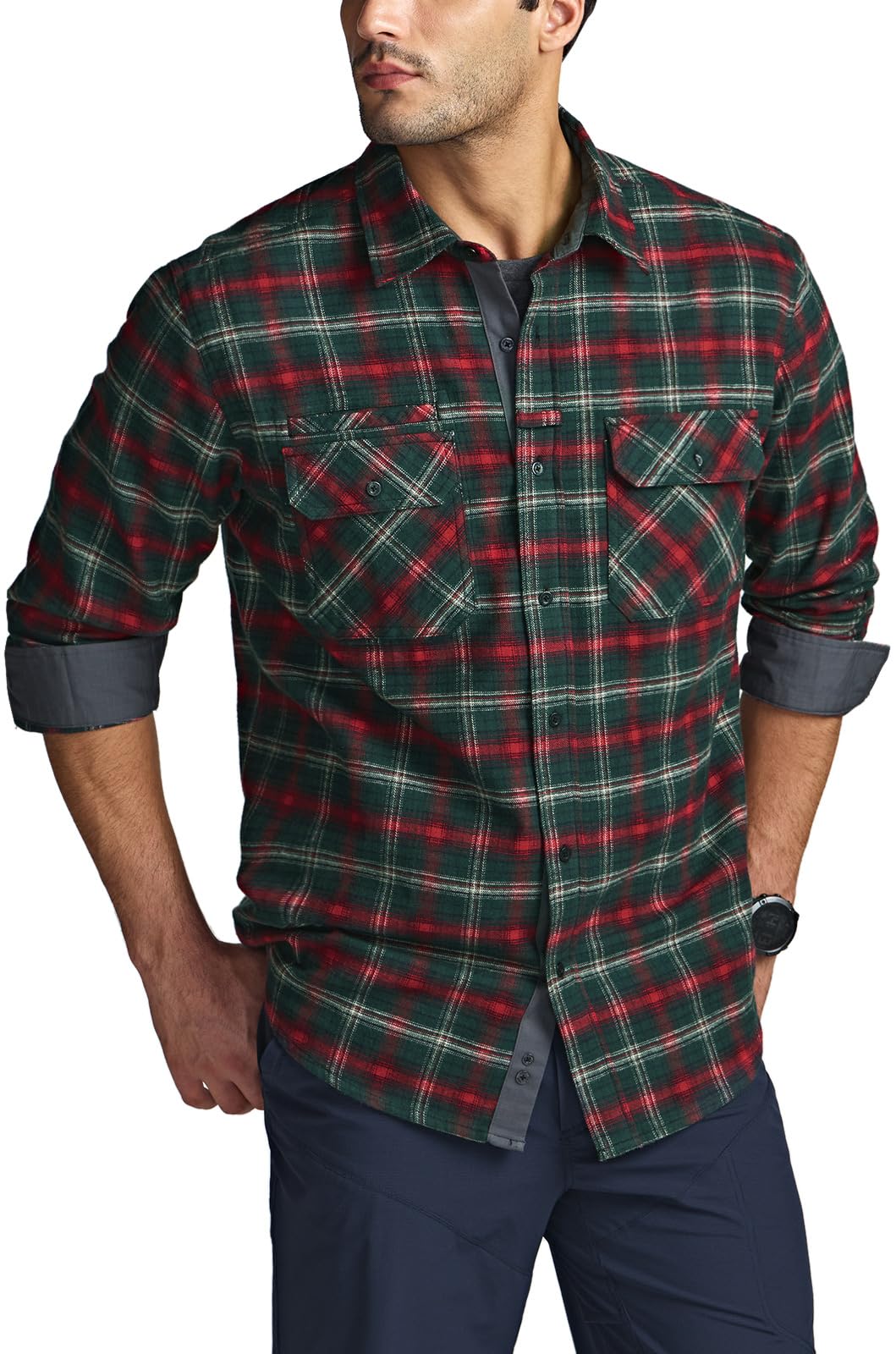 CQR Men's All Cotton Flannel Shirt, Long Sleeve Casual Button Up Plaid Shirt, Brushed Soft Outdoor Shirts, Solid Hunter Green, Large