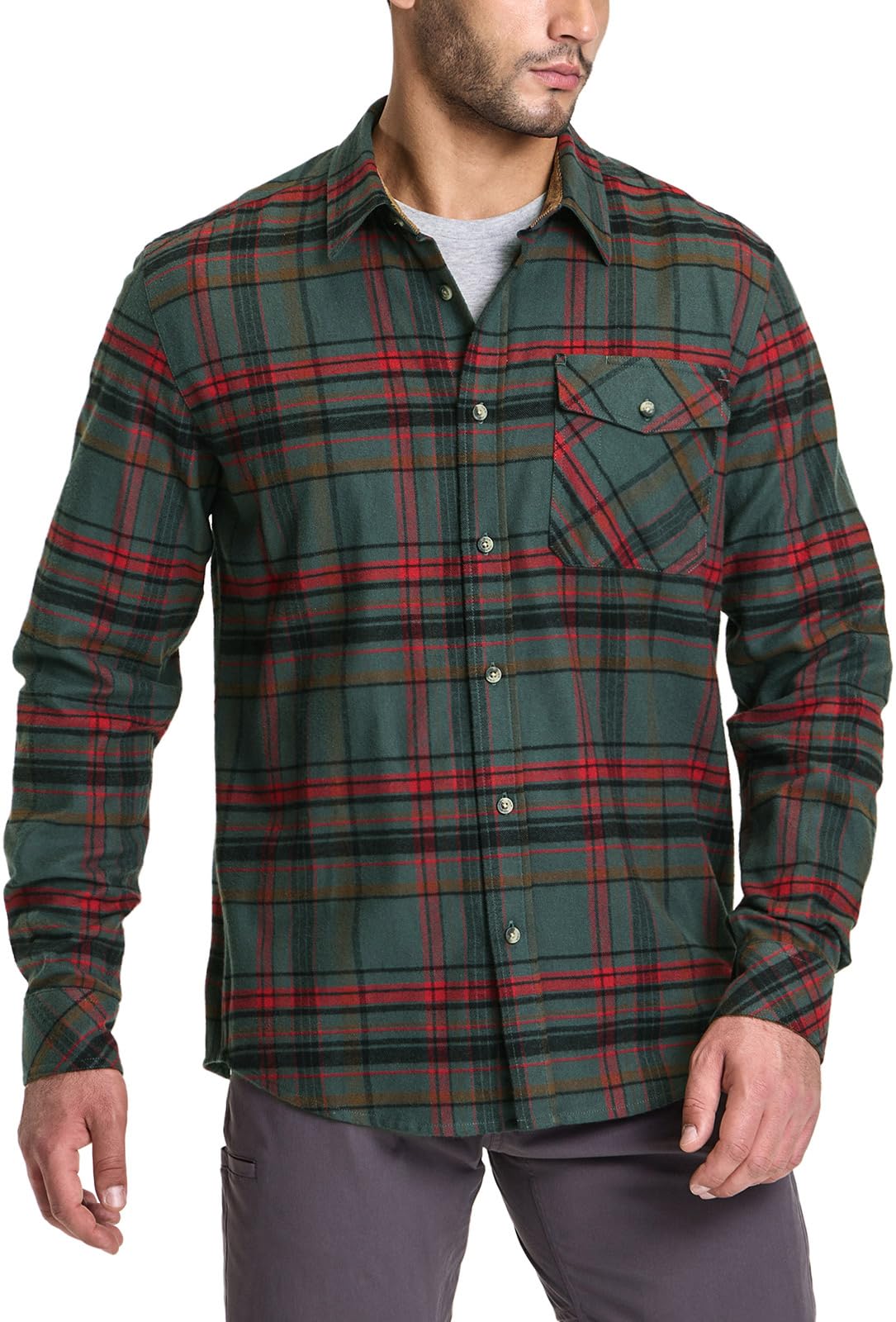 CQR Men's All Cotton Flannel Shirt, Long Sleeve Casual Button Up Plaid Shirt, Brushed Soft Outdoor Shirts, Solid Hunter Green, Large