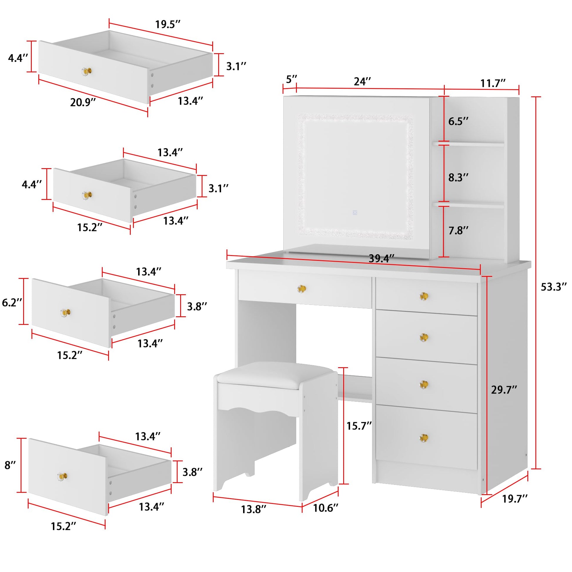 Homsee Vanity Desk Set Makeup Table with Shiny Rhinestone Crushed Diamond LED Light & Sliding Mirror, Dressing Table with 5 Drawers, Storage Shelves & Cushioned Stool for Bedroom, White