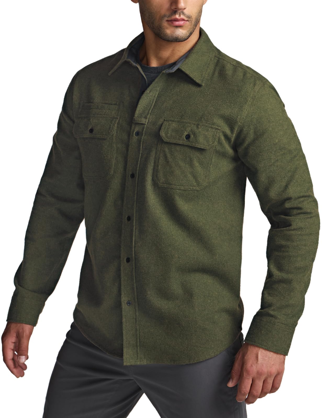 CQR Men's All Cotton Flannel Shirt, Long Sleeve Casual Button Up Plaid Shirt, Brushed Soft Outdoor Shirts, Solid Hunter Green, Large