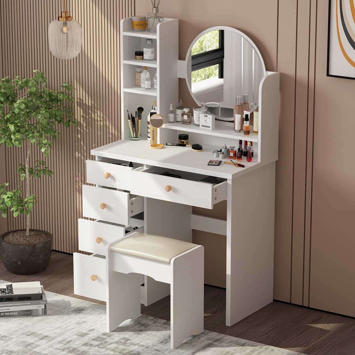 AGOTENI Large Vanity Table Set Makeup Vanity Dressing Table with Mirror, 5 Drawers & Shelves, Dresser Desk and Cushioned Stool Set (White Lighted Mirror)